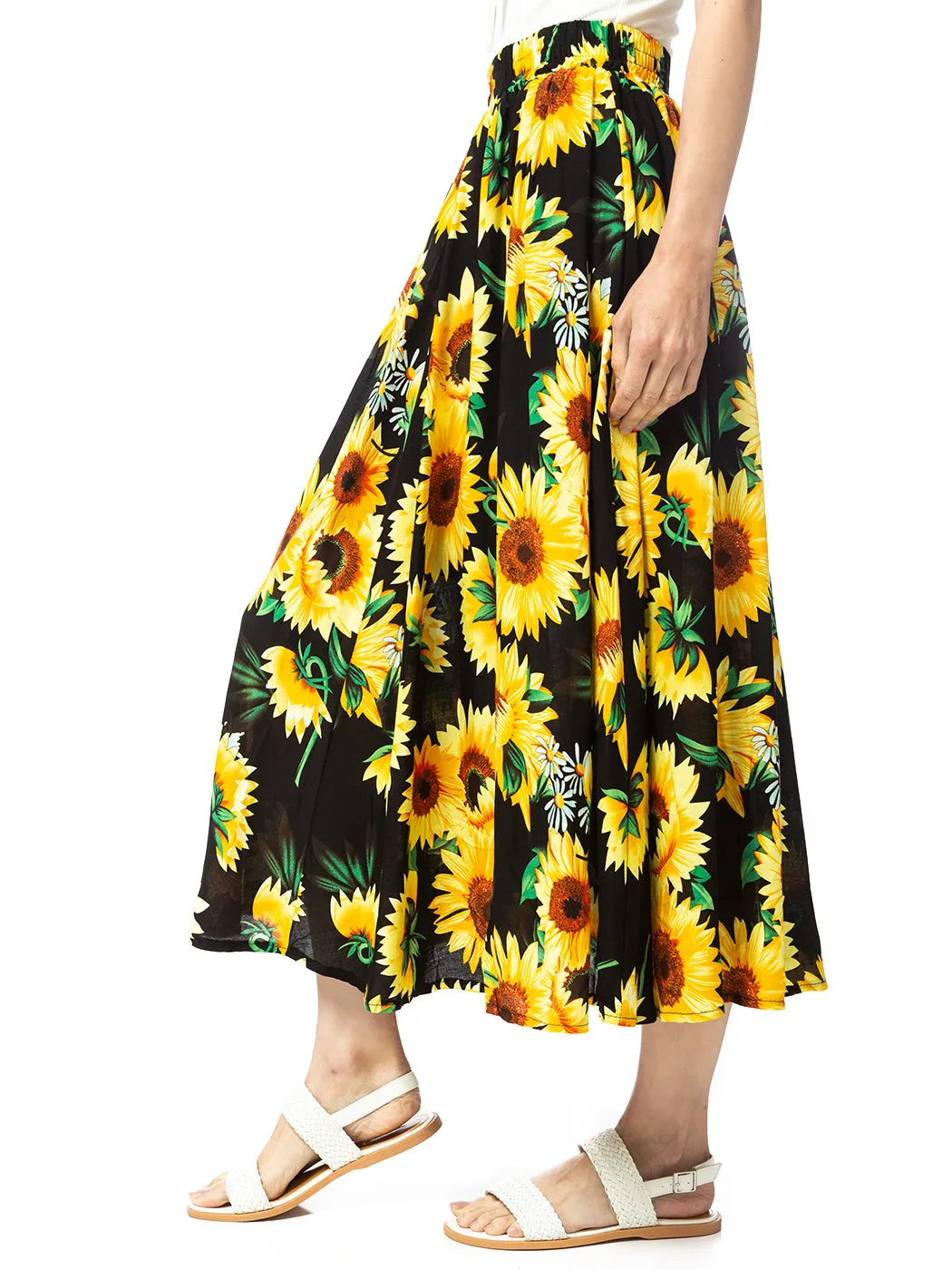 Sunflower Print Midi Maxi Skirt