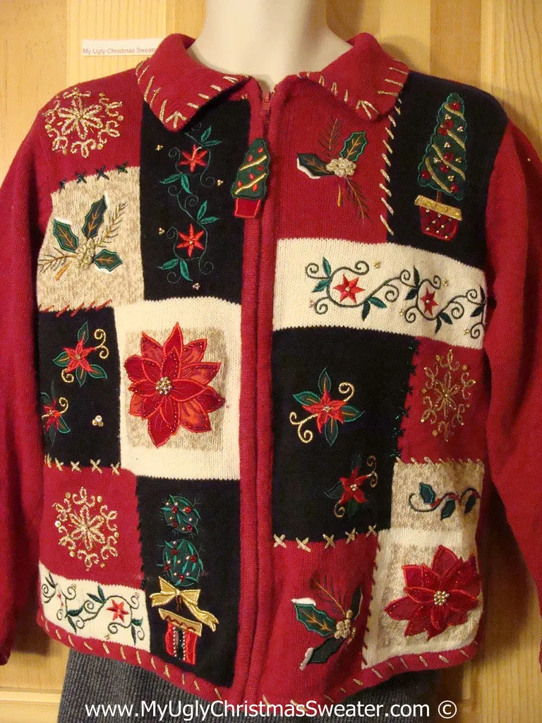 Tacky Cheesy Holiday Sweater with Crafty Patchwork Grid of Poinsettias and Ivy (f1122)