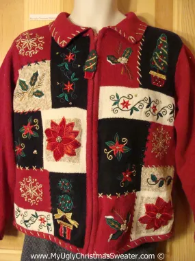 Tacky Cheesy Holiday Sweater with Crafty Patchwork Grid of Poinsettias and Ivy (f1122)
