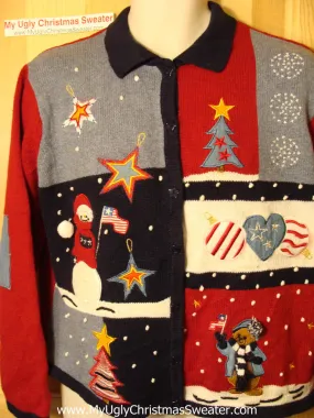 Tacky Ugly Christmas Sweater Festive Patriotic Snowman and Bear (f28)