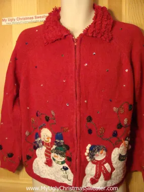 Tacky Ugly Christmas Sweater Snowman Family with Bling and Fluffy Collar (f93)