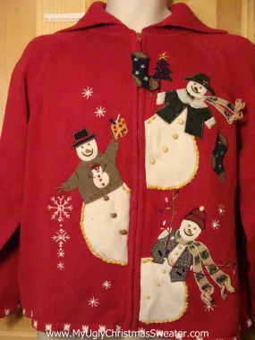 Tacky Ugly Christmas Sweater Wide-Bottom Peaking Snowmen on Front and Back (f250)