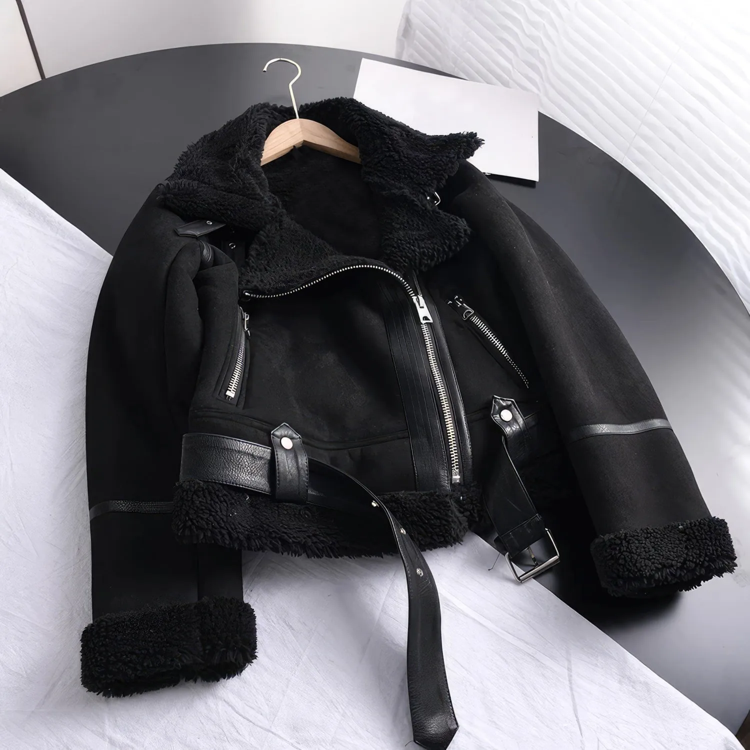 Timeless Women's Vintage Black Suede Lambskin Shearling Moto Biker Jacket