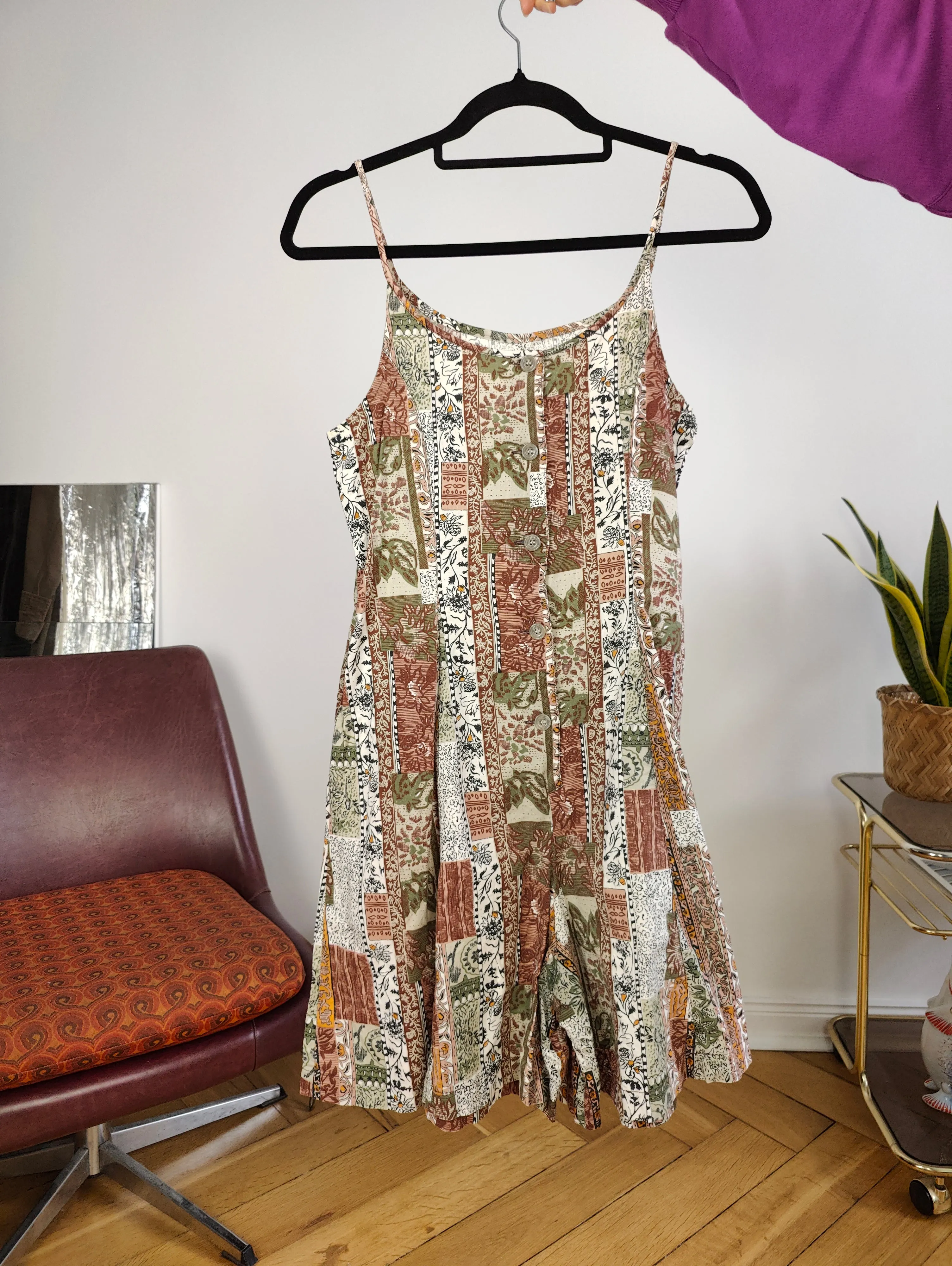 Vintage playsuit shorts floral print pattern beige brown overall jumpsuit onesie spaghetti straps S