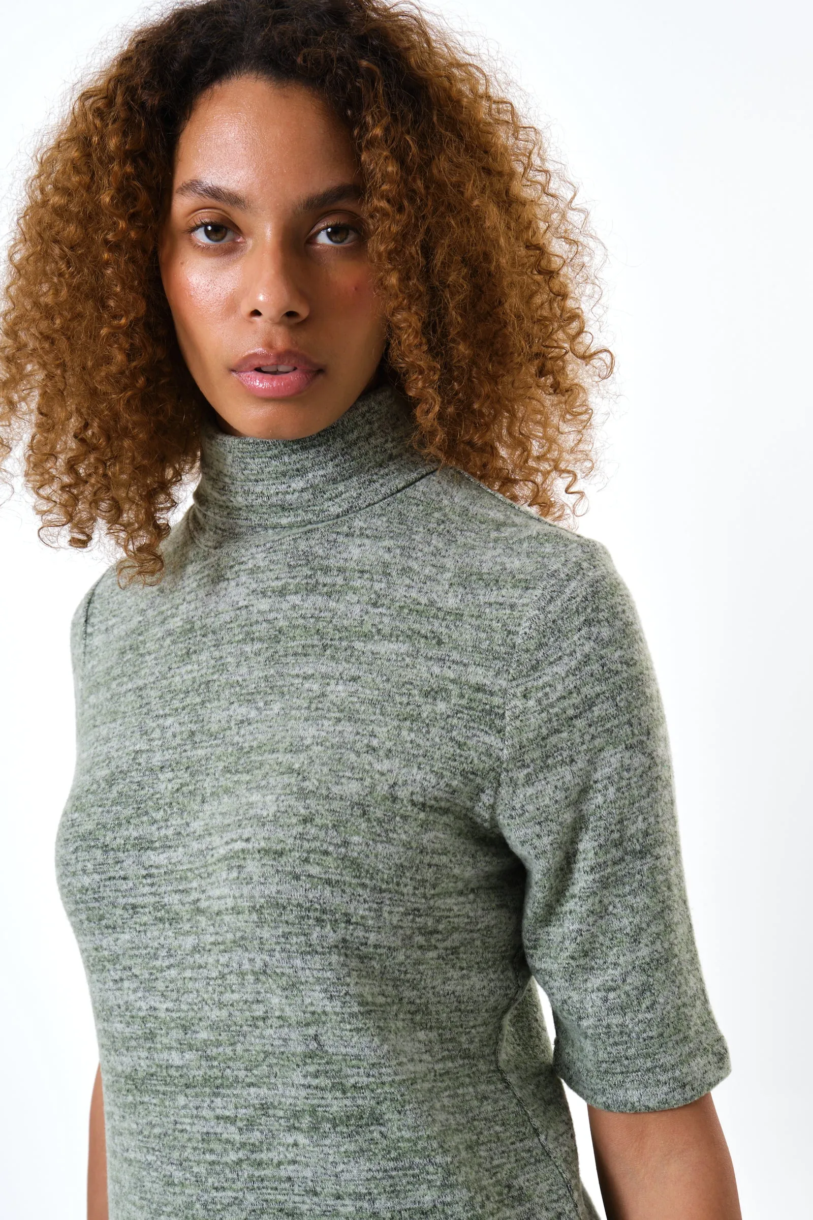 Vista Soft Marl Polo Neck Short Sleeve Top - Green