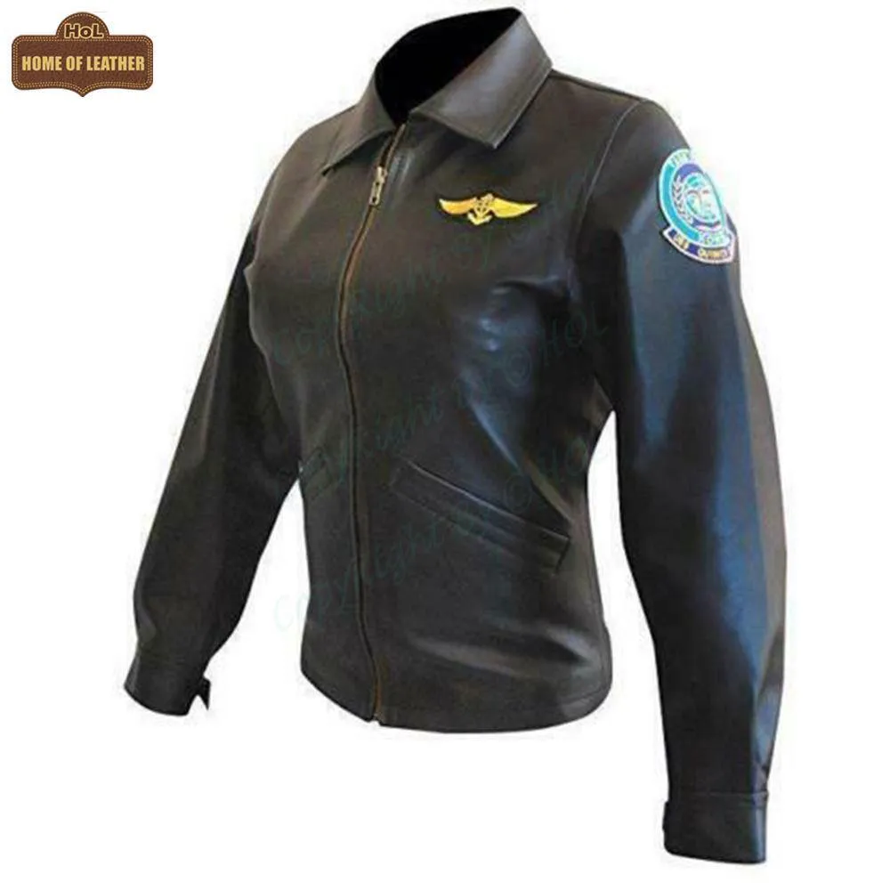 W006 Kelly McGillis Top Gun Black Fashion Real Leather Women's Military Style Jacket