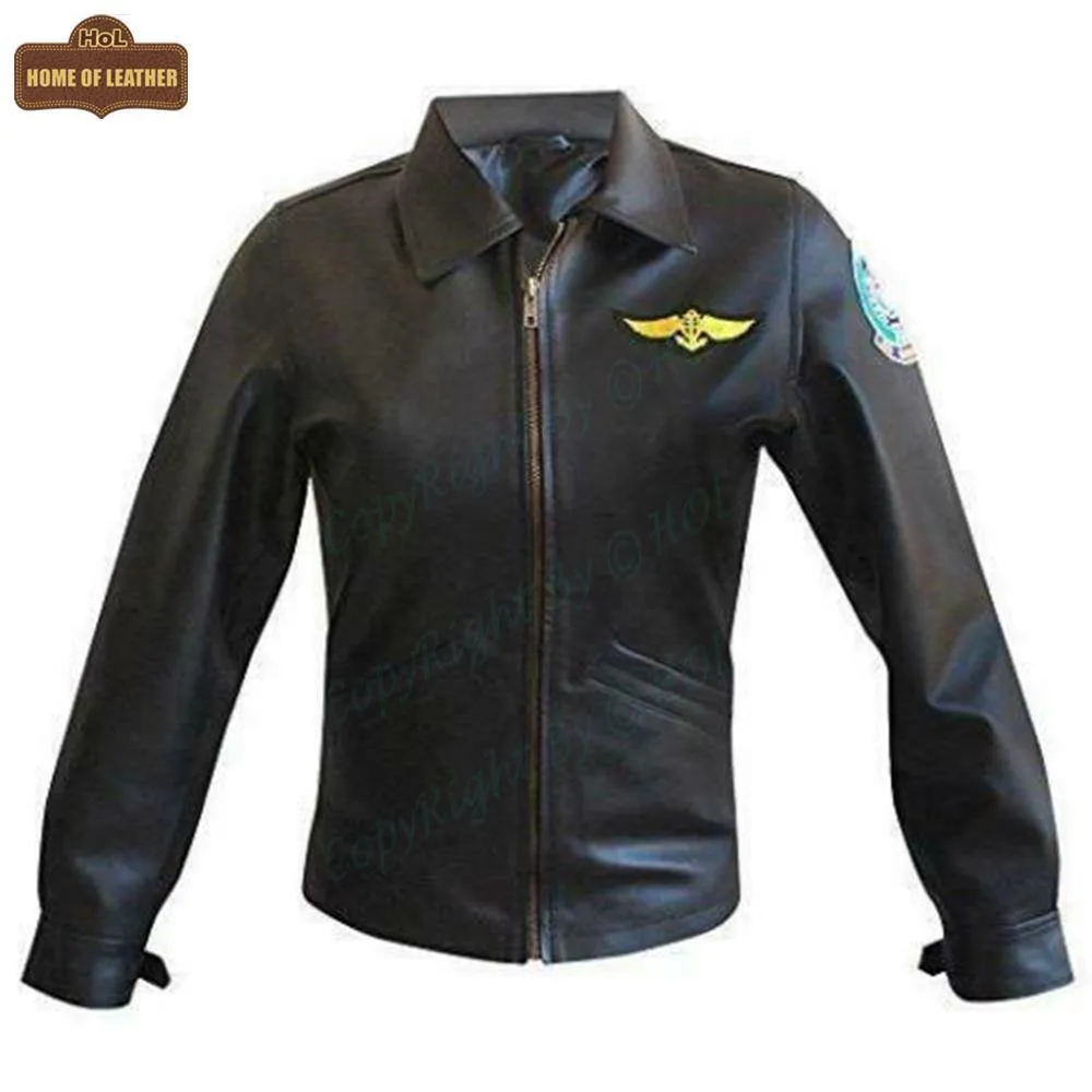 W006 Kelly McGillis Top Gun Black Fashion Real Leather Women's Military Style Jacket