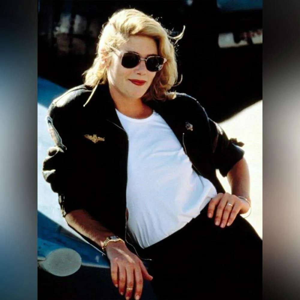 W006 Kelly McGillis Top Gun Black Fashion Real Leather Women's Military Style Jacket