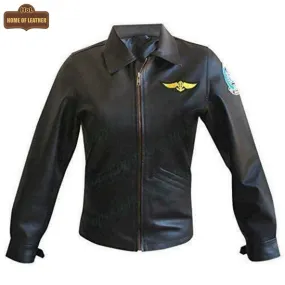 W006 Kelly McGillis Top Gun Black Fashion Real Leather Women's Military Style Jacket