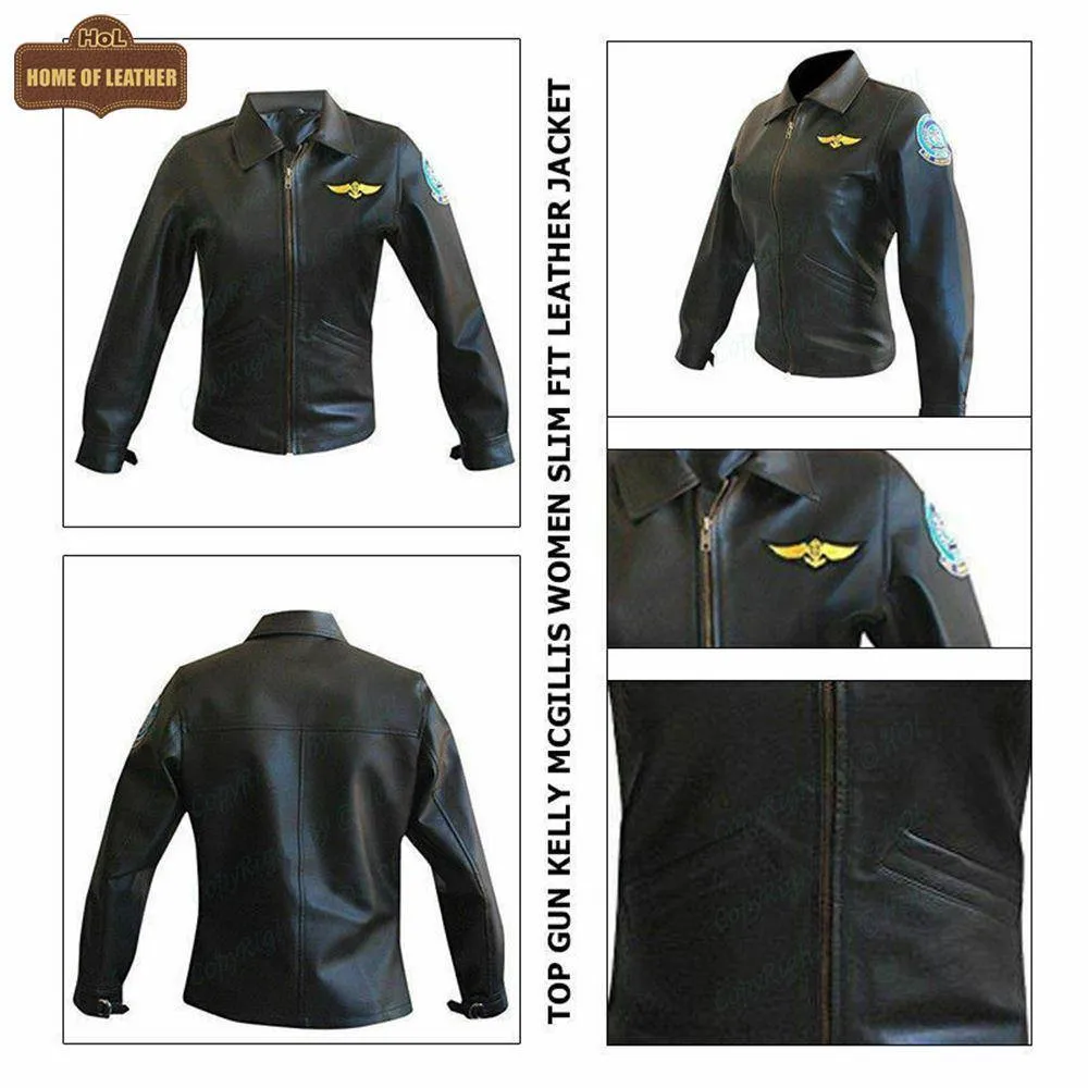 W006 Kelly McGillis Top Gun Black Fashion Real Leather Women's Military Style Jacket