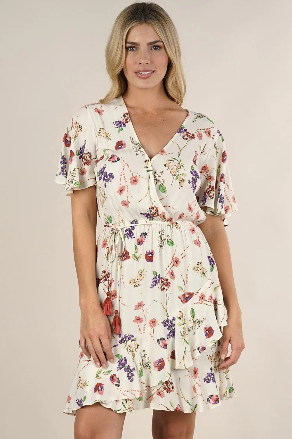 White Floral Flutter Sleeve Mini Dress