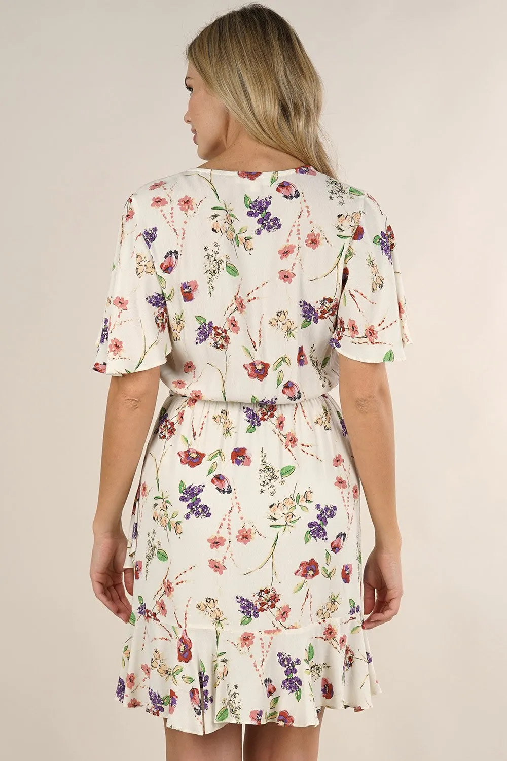 White Floral Flutter Sleeve Mini Dress