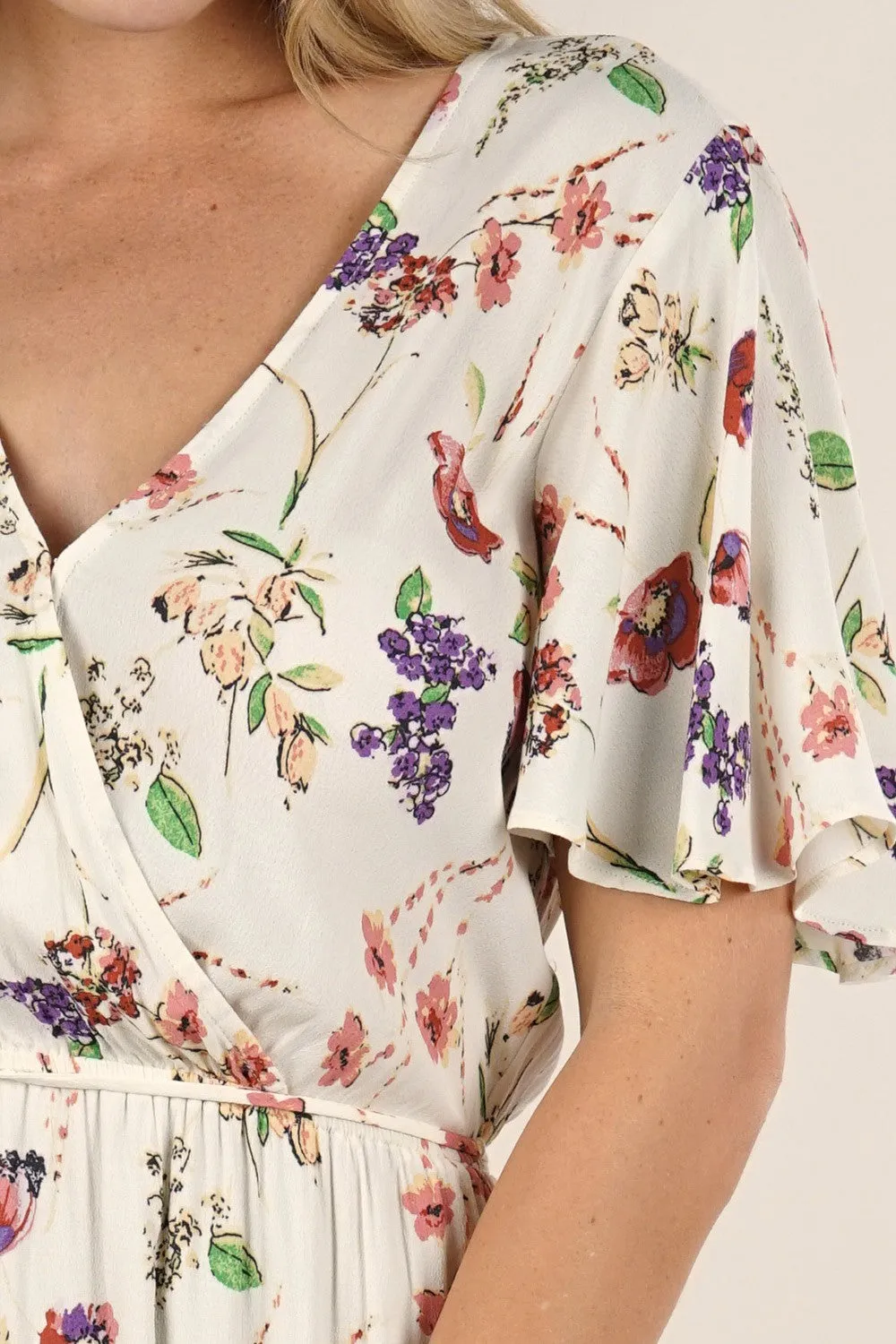 White Floral Flutter Sleeve Mini Dress