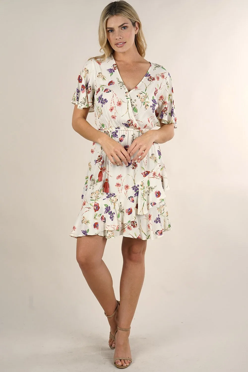White Floral Flutter Sleeve Mini Dress