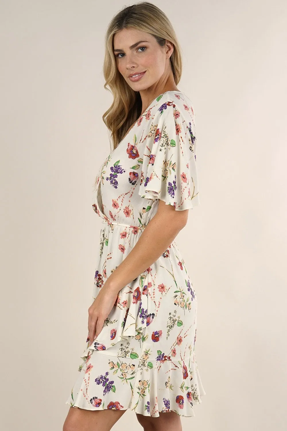 White Floral Flutter Sleeve Mini Dress
