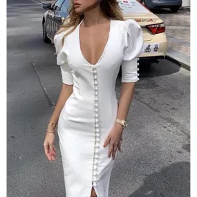 White Puff Sleeve V Neck Button Midi Dress