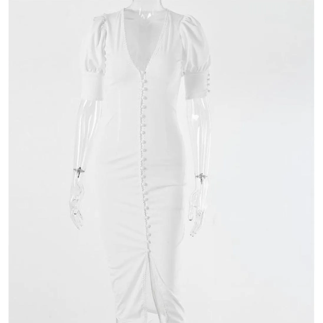 White Puff Sleeve V Neck Button Midi Dress