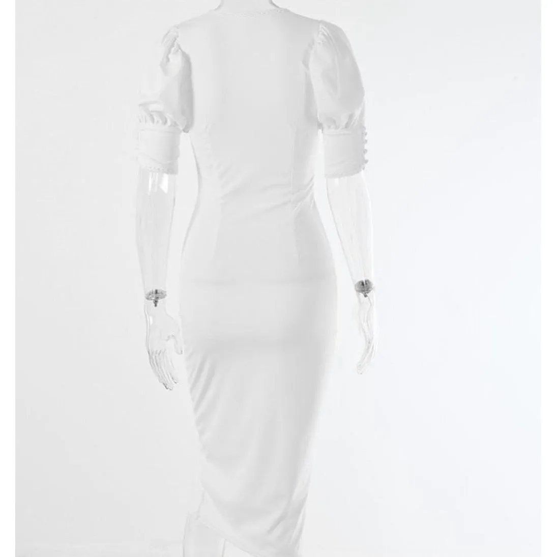 White Puff Sleeve V Neck Button Midi Dress