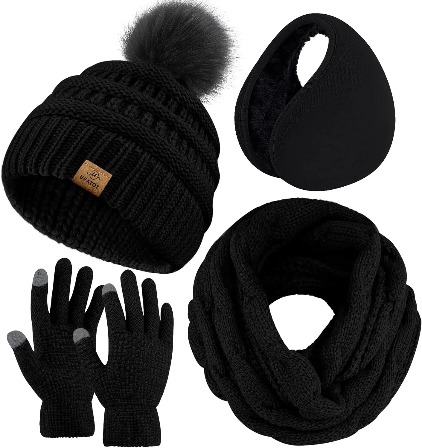 Winter Knit Hot Pink Beanie Hat, Scarf, Ear Muff & Gloves Set