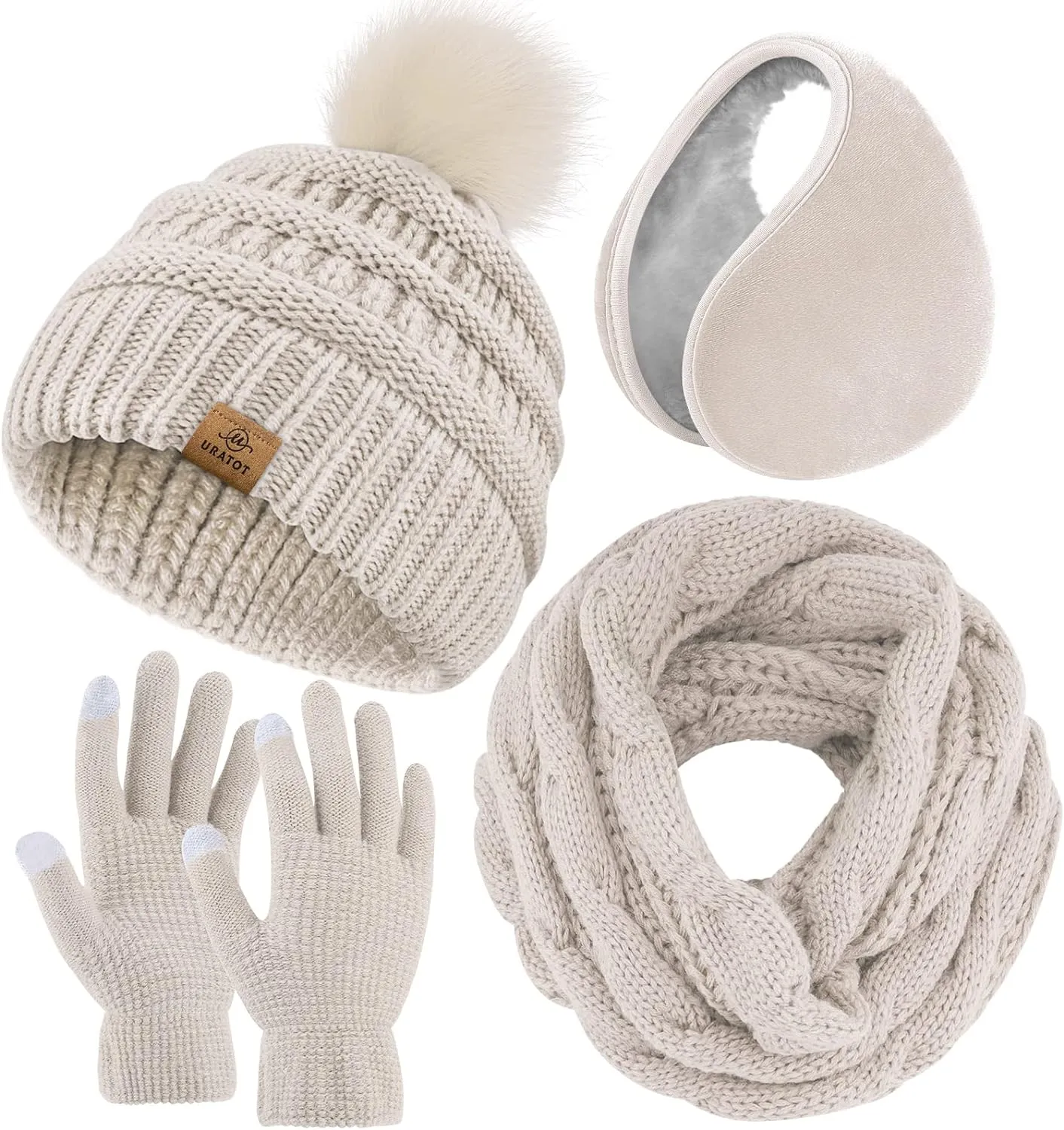 Winter Knit Hot Pink Beanie Hat, Scarf, Ear Muff & Gloves Set