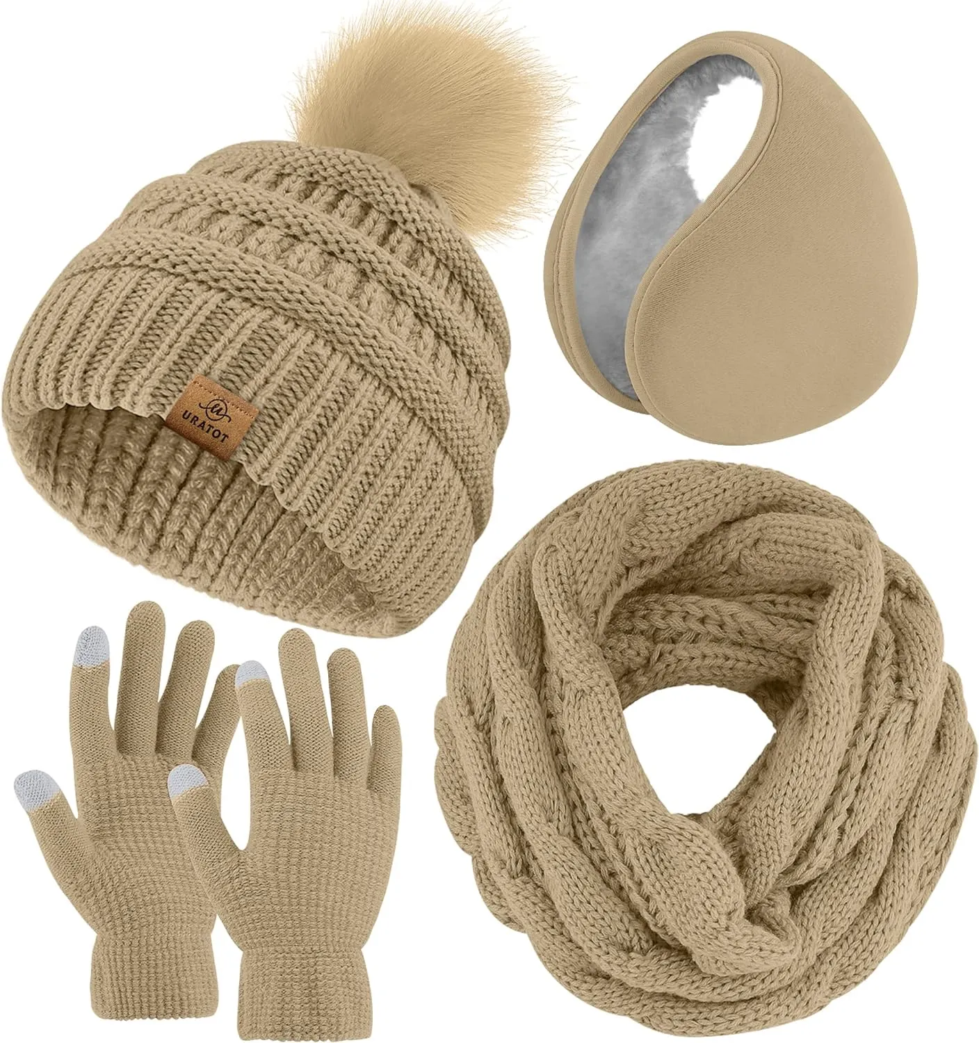 Winter Knit Hot Pink Beanie Hat, Scarf, Ear Muff & Gloves Set