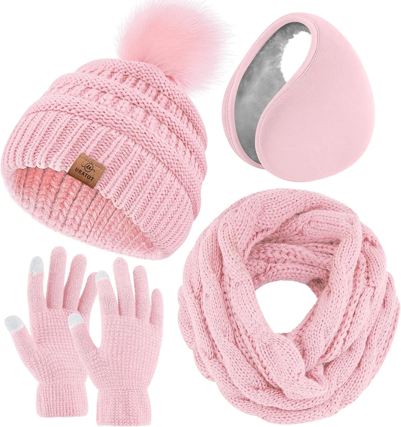 Winter Knit Hot Pink Beanie Hat, Scarf, Ear Muff & Gloves Set