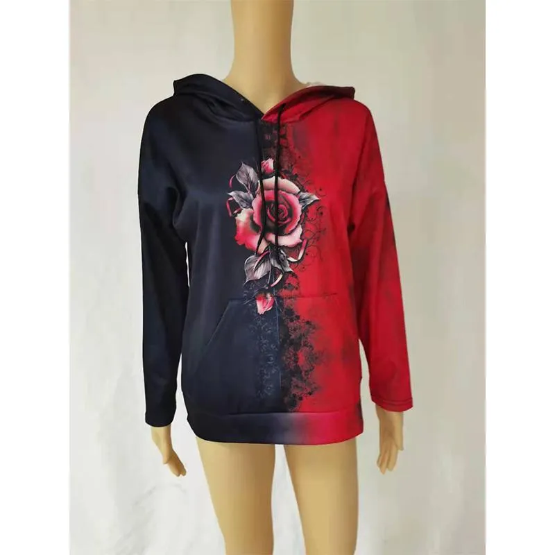 Women flower graphic color block pullover hoodie sweatshirt