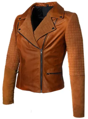 Women Leather Biker Jacket with Two Tone Oil Pull up and Suede Leather