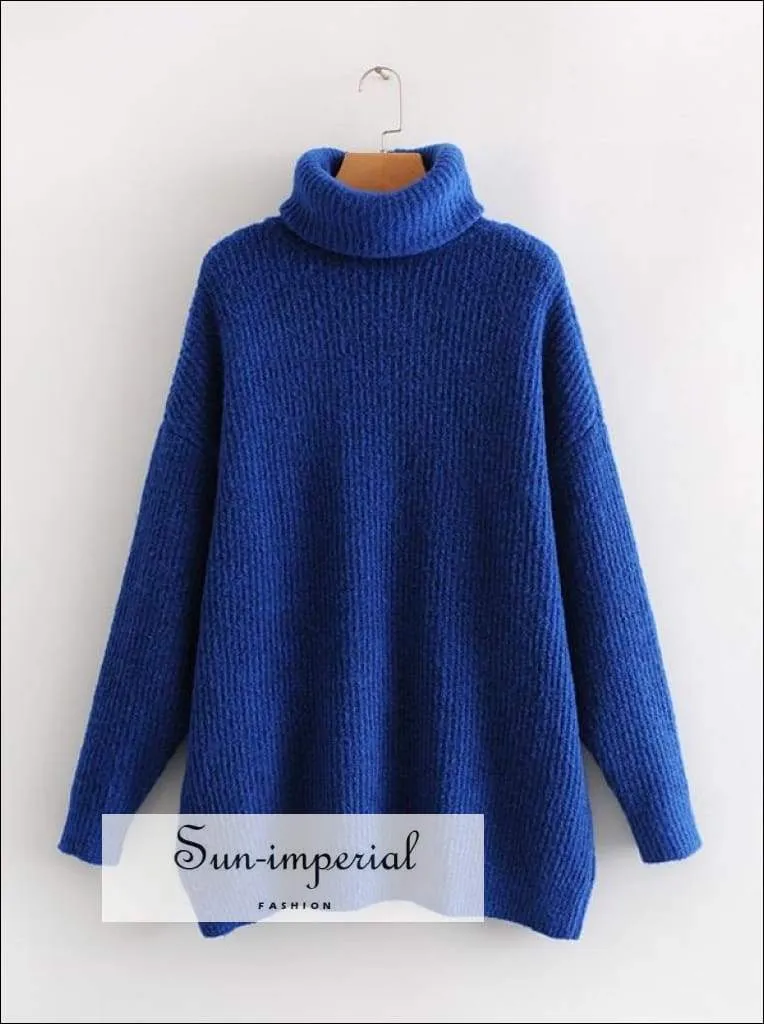 Women Light Blue Oversized Turtleneck Loose Pullovers Jumper Soft Warm Sweater