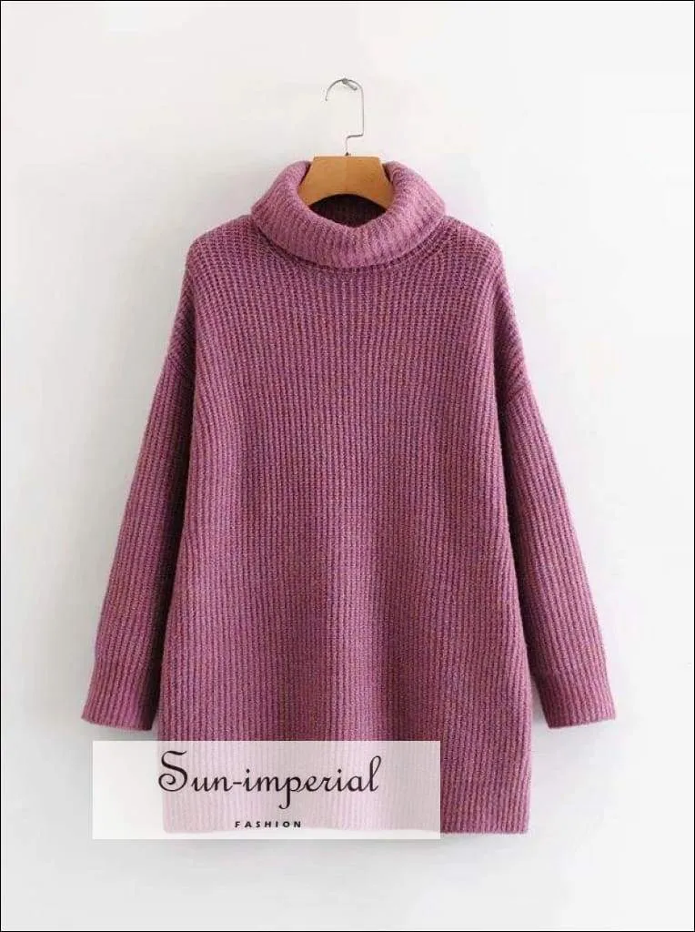 Women Light Blue Oversized Turtleneck Loose Pullovers Jumper Soft Warm Sweater