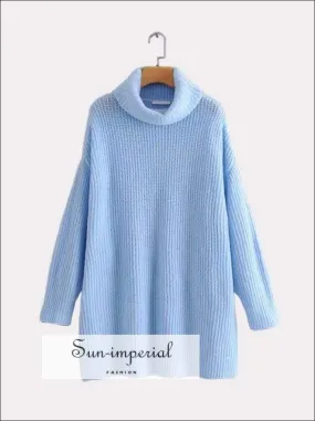 Women Light Blue Oversized Turtleneck Loose Pullovers Jumper Soft Warm Sweater