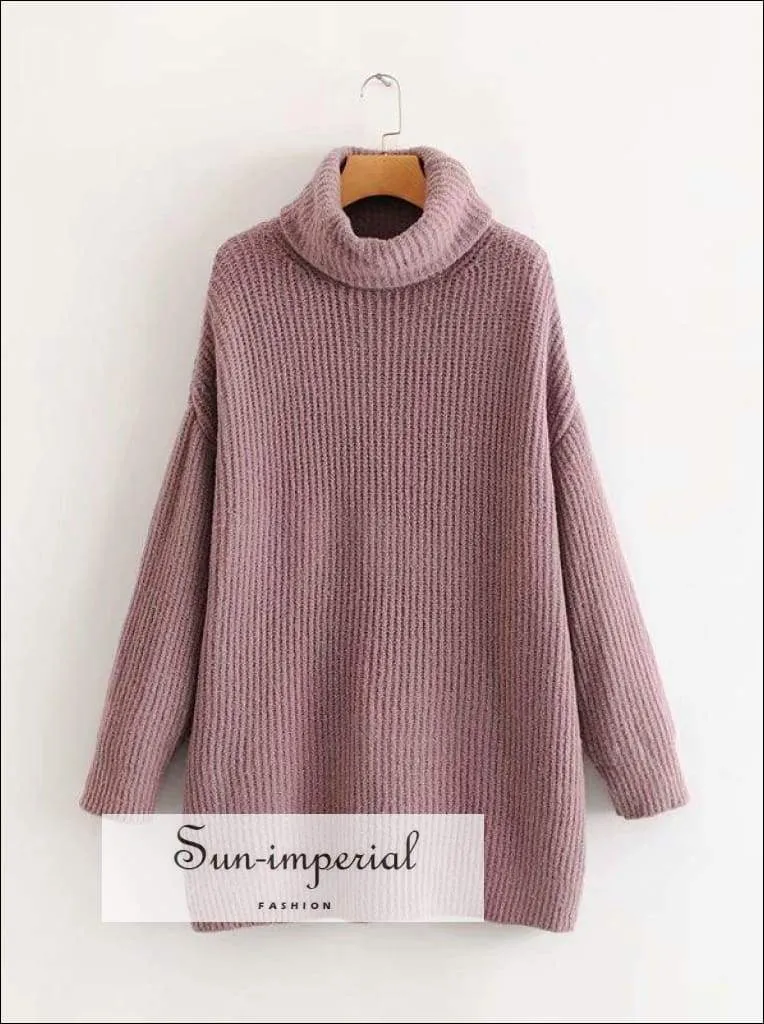 Women Light Blue Oversized Turtleneck Loose Pullovers Jumper Soft Warm Sweater