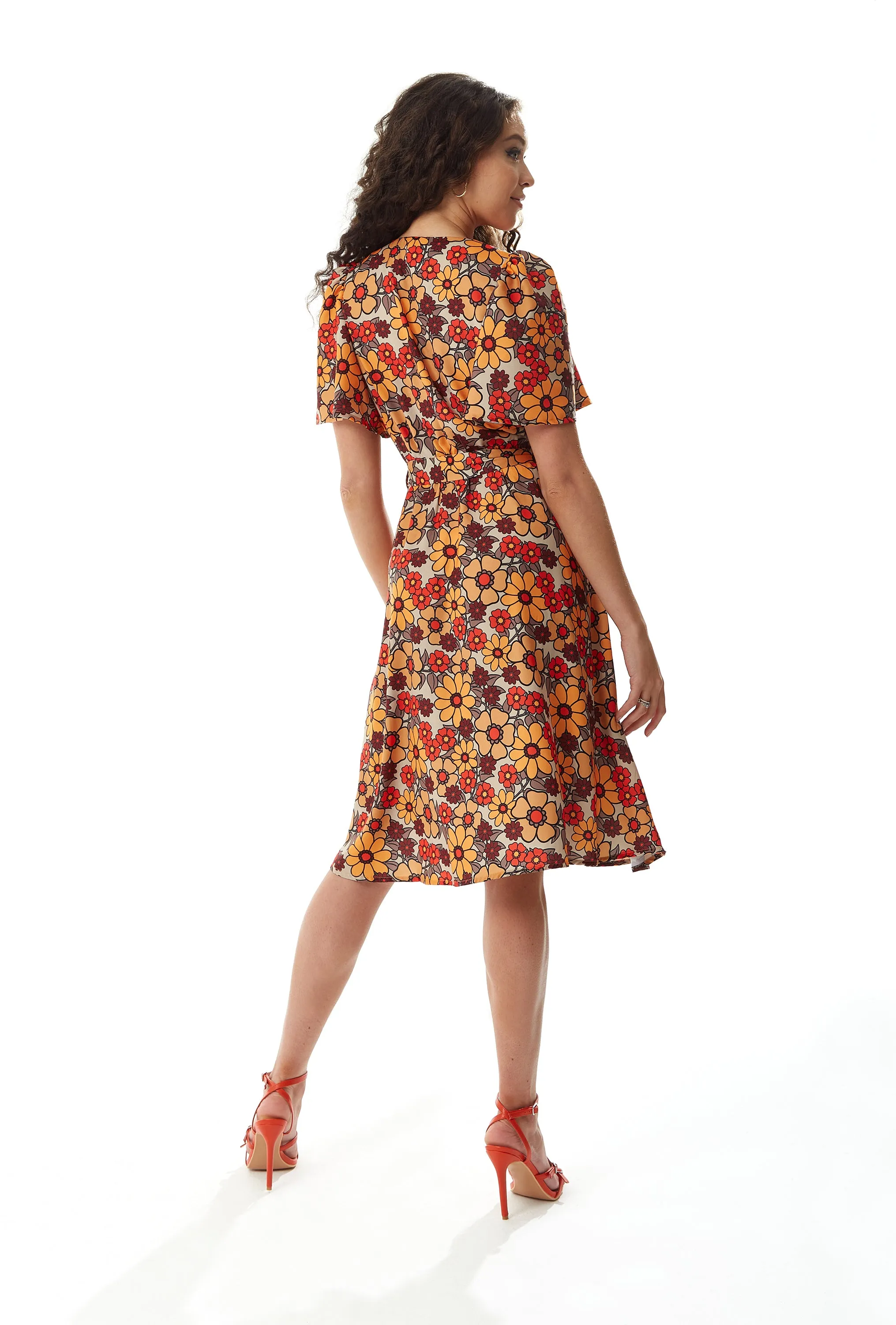 Women’s Midi Wrap Dress in Vibrant Orange and Red Floral Print with Short Sleeves - Chic Tie Waist by Liquorish