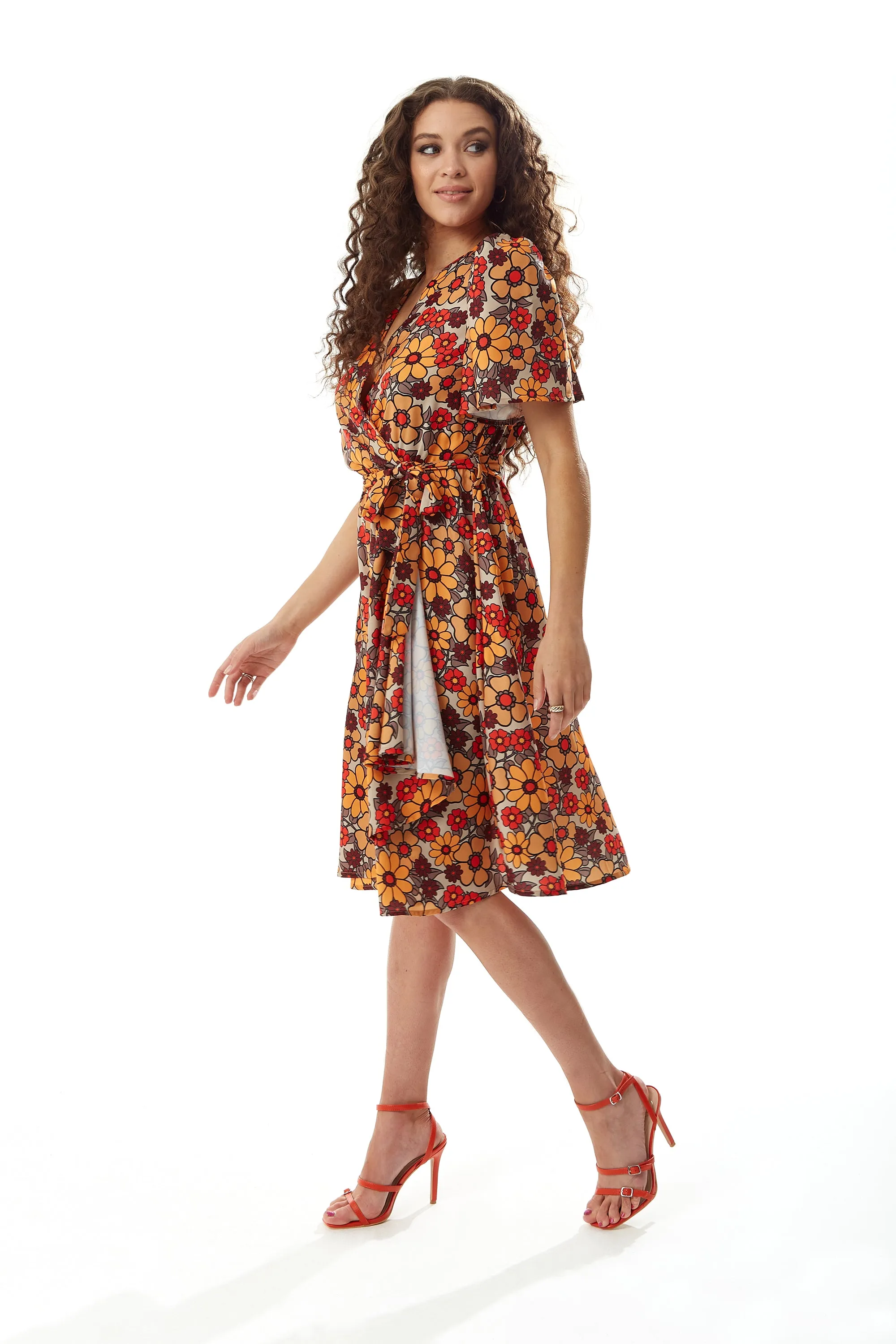 Women’s Midi Wrap Dress in Vibrant Orange and Red Floral Print with Short Sleeves - Chic Tie Waist by Liquorish