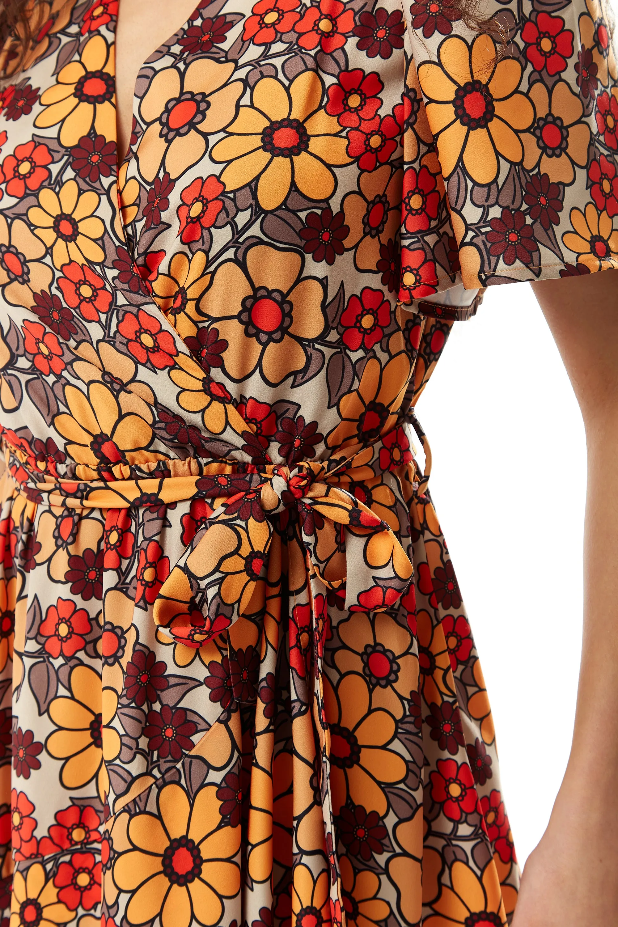 Women’s Midi Wrap Dress in Vibrant Orange and Red Floral Print with Short Sleeves - Chic Tie Waist by Liquorish