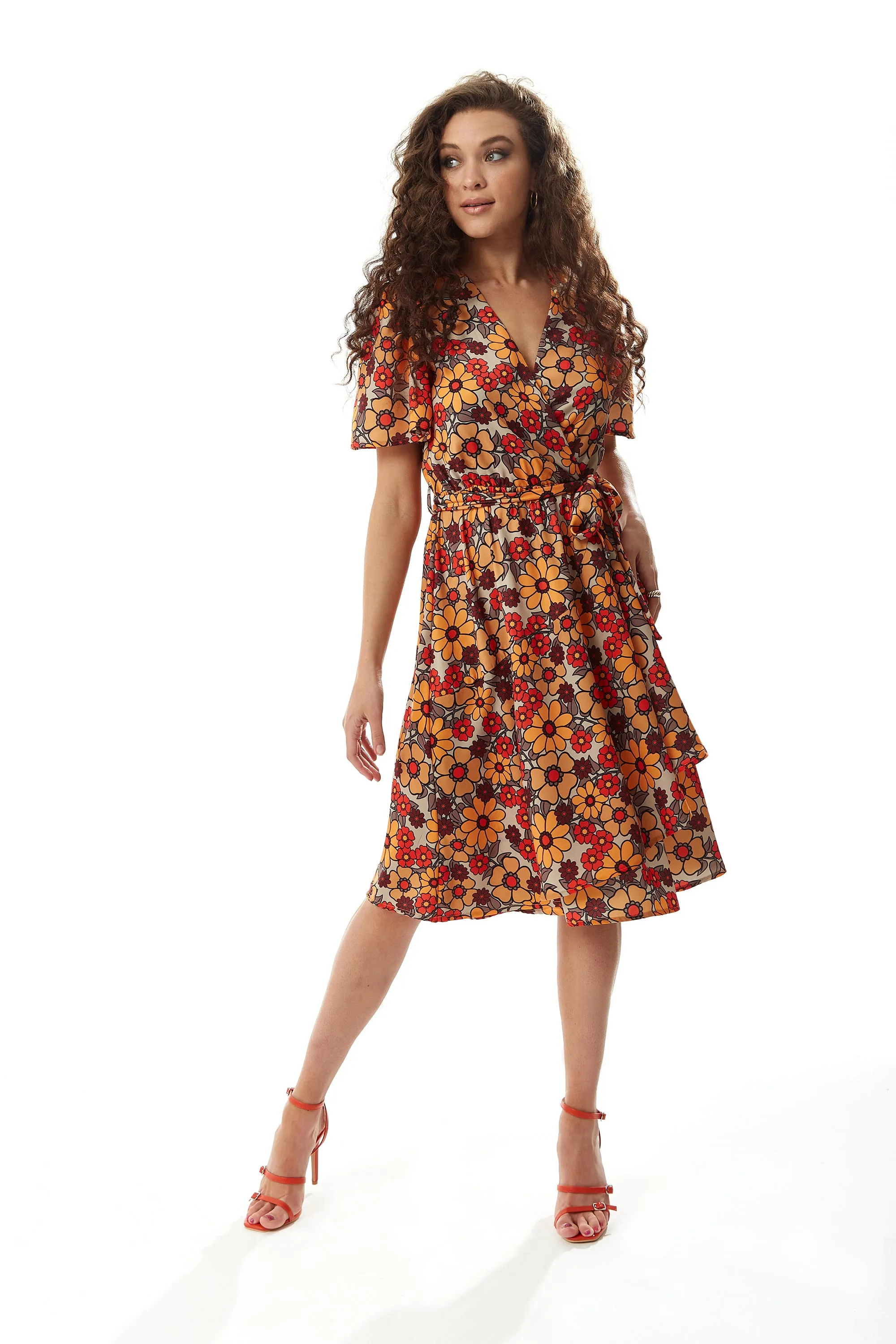 Women’s Midi Wrap Dress in Vibrant Orange and Red Floral Print with Short Sleeves - Chic Tie Waist by Liquorish