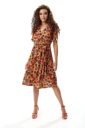 Women’s Midi Wrap Dress in Vibrant Orange and Red Floral Print with Short Sleeves - Chic Tie Waist by Liquorish