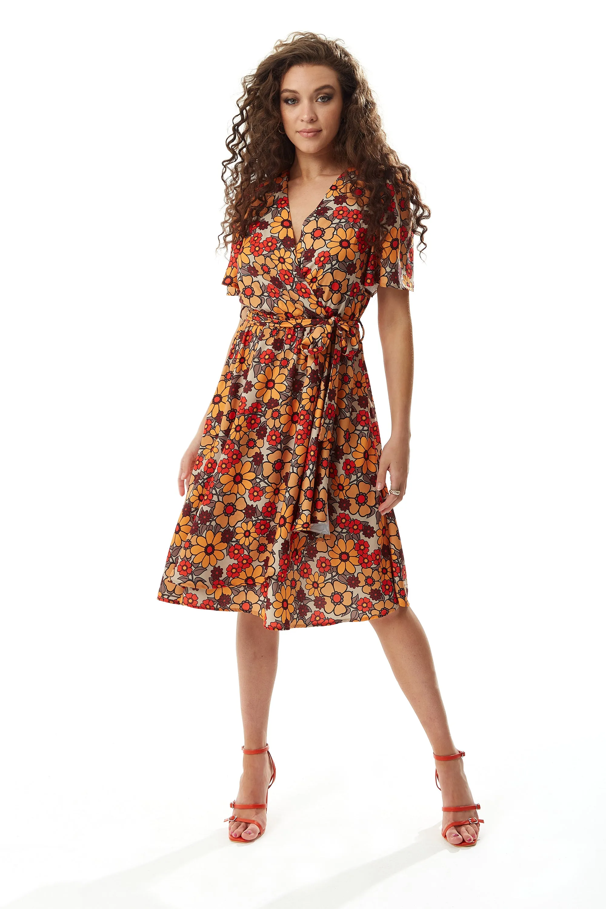 Women’s Midi Wrap Dress in Vibrant Orange and Red Floral Print with Short Sleeves - Chic Tie Waist by Liquorish