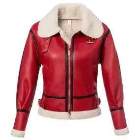 Women's Red Shearling Leather Jacket - Warm & Festive Style