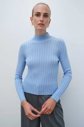 Wool Blended Mock Neck Light Blue Sweater
