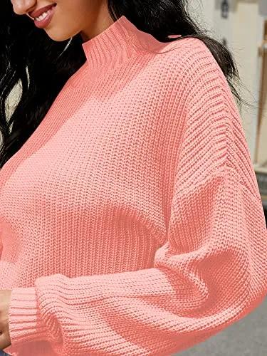 ZAFUL Women's Cropped Turtleneck Sweater Lantern Sleeve Ribbed Knit Pullover Sweater Jumper (1-Orange Pink, M)
